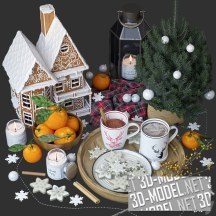 3d-модель Рождественский завтрак с декором и пряничным домиком