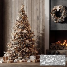 3d-модель Рождественская ель и камин с декором