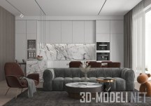 3d-модель Белая глянцевая кухня и гостиная